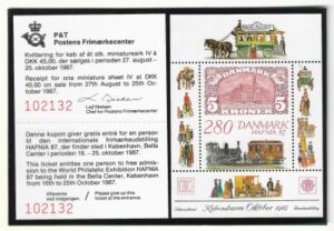 1987 Denmark MS.852 & addmission ticket 'Hafnia 87' U/M (MNH) cat val. £38