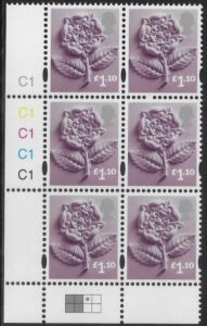EN41  £1.10 Tudor Rose 2B   cyld. C1x5    Phos C1 Grid R1 C3 Cartor. U/M (MNH)