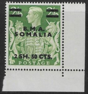 SG. S19 2s.50c on 2s 6d yellow green. BMA Somalia. lightly mounted mint.