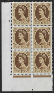 S138 1/-  crowns wmk. Cyld. 3 dot perf E/I mounted mint..