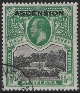 1922 Ascension KGV SG.1 ½d black & green stamp of St. Helena overprinted 'Ascension' Used