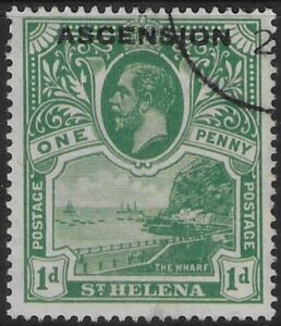1922 Ascension KGV SG.2 1d green. stamp of St Helena overprinted 'Ascension' Used