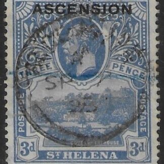 1922 Ascension KGV SG5 3d Bright Blue Stamp overprinted 'Ascension' Used