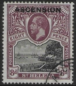 1922 Ascension KGV SG6 8d Black & purple Stamp overprinted 'Ascension' Used