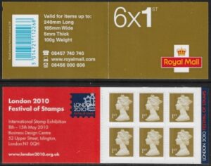 MB8b  6 x 1st Issued 2010 contains U3019  (code 'MSIL' MA10) London 2010 on tab. Walsall.