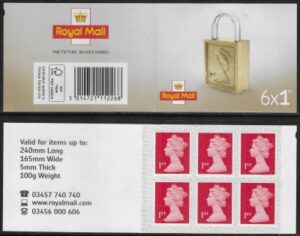 MB18a 6 x 1st brt. scarlet 'Padlock on Cover ' code MSIL M20L SBP s/L. ISP Walsall.