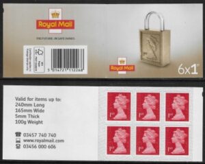 MB18a 6 x 1st brt. scarlet 'Padlock on Cover ' code MSIL M18L SBP s/L. ISP Walsall.