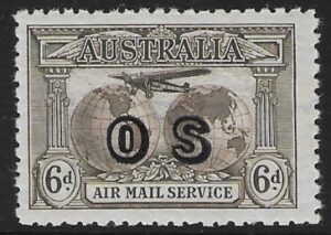 1931 Australia SG.139a 6d sepia 'Air' stamp overprinted 'O S' Unmounted mint.