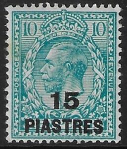 1921 British Levant SG.46 15pi on 10d turquoise blue. mounted mint.