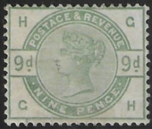 SG.195 9d dull green letters 'GH'