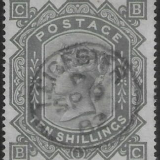 SG.128 10/- greenish grey Letters 'BC' fine Leicester CDS Sep 9 1892. used