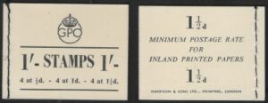 BD8 1/- booklet. cream cover. contains SG.503-5 upright WMK margin at top. panes of 4