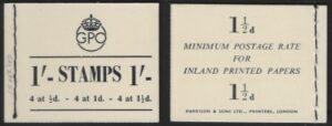 BD8 1/- booklet. cream cover. contains SG.503-5 Inverted wmk. margin at top. panes of 4