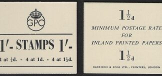 BD8 1/- booklet. cream cover. contains SG.503-5 Inverted wmk. margin at top. panes of 4