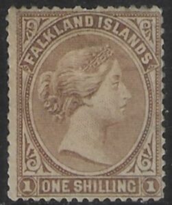1878 Falkland Islands - SG.4 1/- bistre-brown. no wmk. (poor perfs)mounted mint