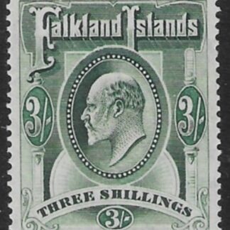 1904 Falkland Islands.  SG.49 3/- green  Mounted Mint.