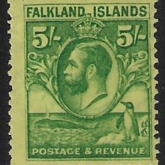 1929 Falkland Islands SG.124 5/- green/yellow. mounted mint.