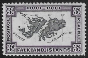1933 Falkland Islands.  SG.131  3d black & violet. mounted mint.