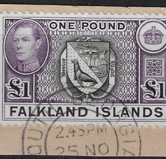 1938 Falkland Islands.  SG.163  £1 black & violet. VFU.