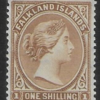 1891-1902 Falkland Islands - SG.38x  1/- yellow-brown. wmk reversed.  lightly mounted mint.