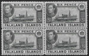 1949 Falkland Islands SG.156  6d black block of 4 U/M (MNH)