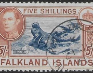 1938  Falkland Islands. SG.161a  5/-  indigo & pale yellow brown.  fine used