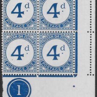 1957 Tristan Da Cunha. D4a 4d blue. post due 'broken d' (top left stamp in block of 4) U/M (MNH)