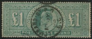 Great Britain 1902 SG.266 £1 dull blue-green. wmk. crowns. Lombard St. PO. CDS.