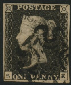 SG.2 1d black  4 margins letters SE  cancelled with black Maltese cross. fine used