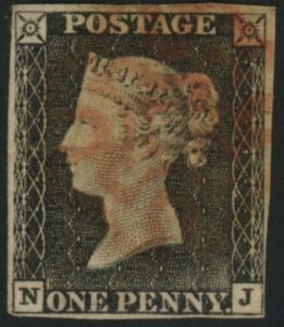 SG.2 1d black just 4 margins letters NJ cancelled with red MX. fine used