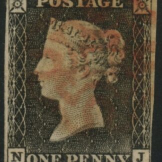 SG.2 1d black just 4 margins letters NJ cancelled with red MX. fine used
