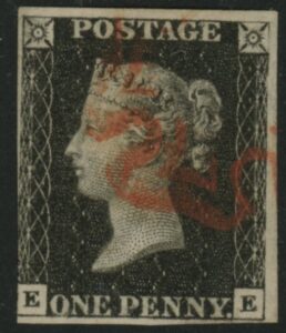 SG.2 1d black  corner letters EE  3 margins  cancelled with red MX.
