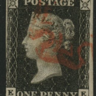 SG.2 1d black  corner letters EE  3 margins  cancelled with red MX.