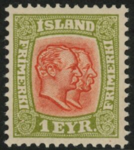 1907 Iceland SG.81 Kings Christian IX and Frederik VIII 1e salmon &yellow green.LMM