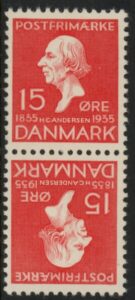 1935 Denmark SG.295a Hans Andeson 15ö scarlet vertical Tête-bêche pair U/M (MNH)