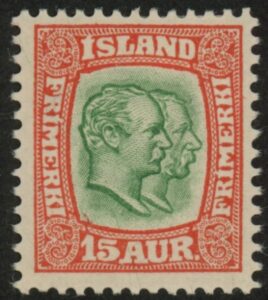 1907 Iceland SG.87 Kings Christian IX and Frederik VIII 15a green & scarlet.LM/M
