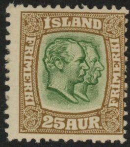 1907 Iceland SG.90 Kings Christian IX and Frederik VIII 25a yellow-green & bistre. LM/M