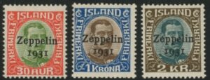 1931 Iceland. SG.179-81 Air - King Christian X - overprinted 'Zeppelin 1931' set 3 values U/M (MNH)