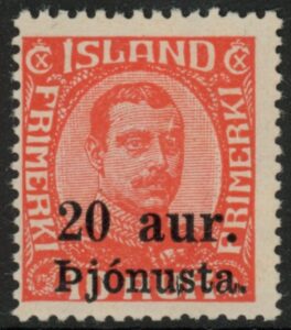 1923 Iceland SG.O153 'OFFICIAL' 20aur on 10a scarlet. M/M