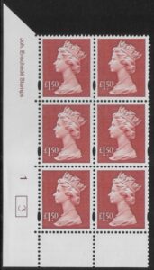 Y1800 (UC14)  Enschéde £1.50 red  Cyld. 1 no dot (3)  U/M (MNH)