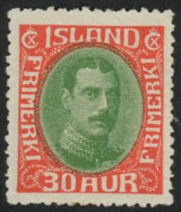 1934 Iceland SG.189 30a. yellow-green and scarlet. mounted mint