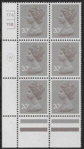 X999 (UG49)  Waddington 20p  dull purple. Cyld. 17A 11B  no dot   U/M (MNH)