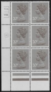 X999 (UG49)  Waddington 20p  dull purple. Cyld. 17A 11B  no dot   U/M (MNH)