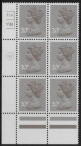 X999 (UG49)  Waddington 20p  dull purple. Cyld. 17A 11B  no dot   U/M (MNH)
