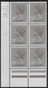 X999 (UG49)  Waddington 20p  dull purple. Cyld. 17A 11B  dot   U/M (MNH)