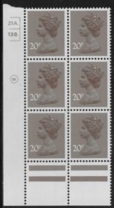 X999 (UG49)  Waddington 20p  dull purple. Cyld. 21A 13B  dot   U/M (MNH)