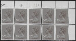 X999 (UG49)  Waddington 20p  dull purple. Cyld. 5A 6B  no dot   U/M (MNH)