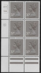 X999 (UG49)  Waddington 20p  dull purple. Cyld. 22A 13B  no dot.   U/M (MNH)