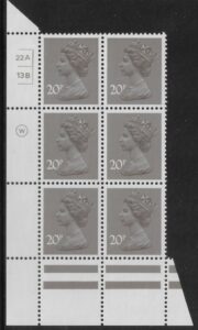 X999 (UG49)  Waddington 20p  dull purple. Cyld. 22A 13B  no dot.   U/M (MNH)