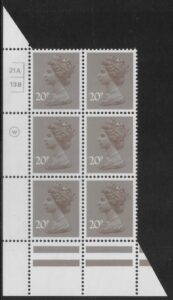 X999 (UG49)  Waddington 20p  dull purple. Cyld. 21A 13B  no dot. U/M (MNH)